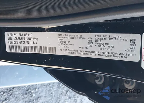 2022 Ram 1500 Big Horn 4X4 5'7 Box z USA, uszkodzony, nr VIN 1C6SRFFT1NN477590